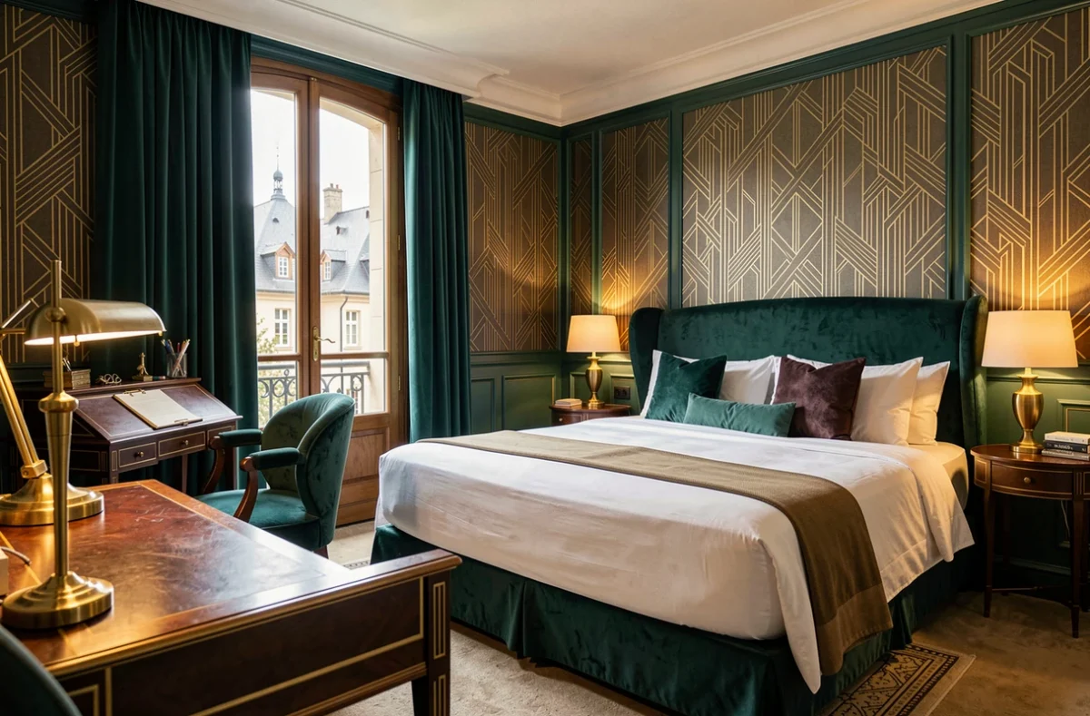 Chambre de style Art Déco du 1924 Hôtel à Grenoble, avec mobilier en velours, papier peint géométrique et bureau vintage près d'une fenêtre à guillotine
