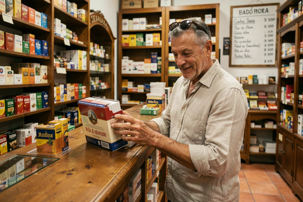 Homme achetant une cartouche de cigarettes dans un estanco espagnol, avec des étagères de produits du tabac en arrière-plan