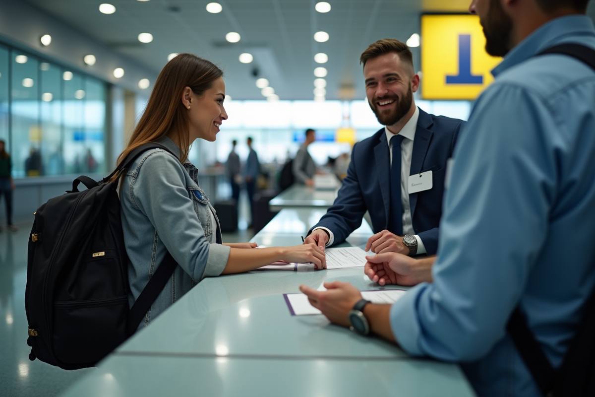 Comptoir d'enregistrement dans un aéroport international avec voyageur