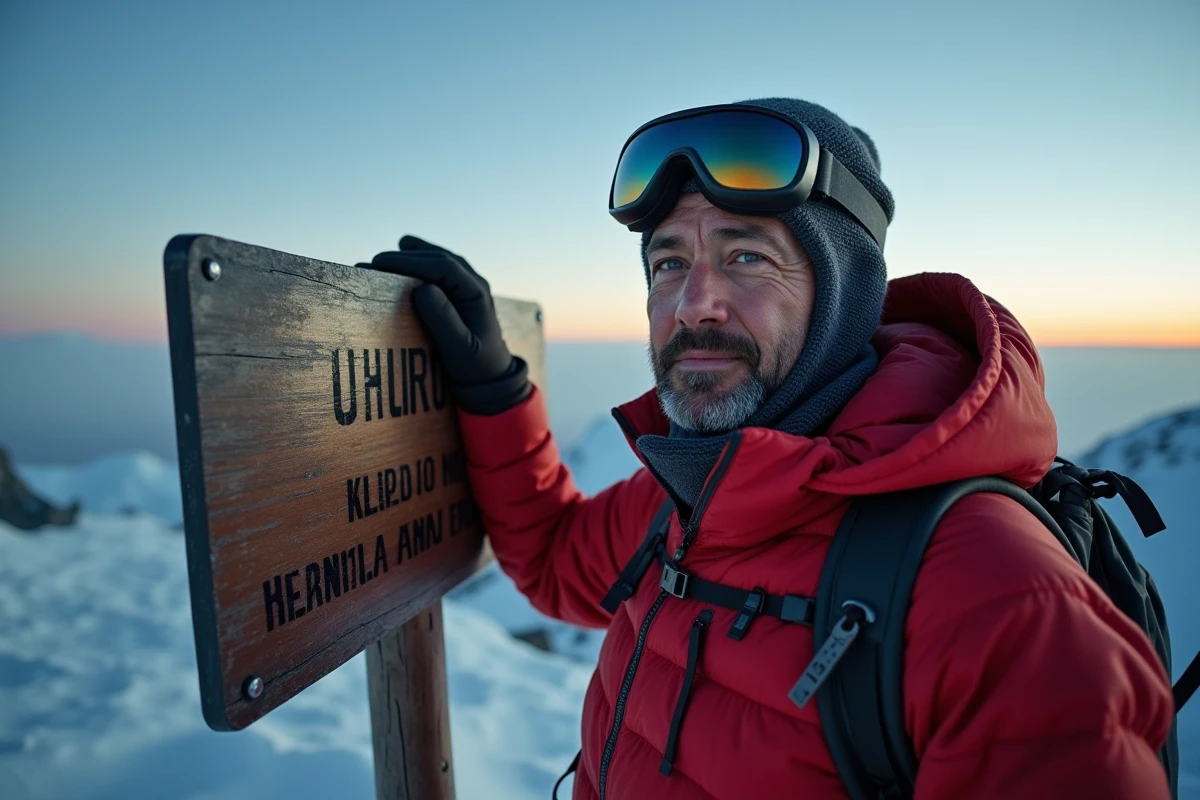 Alpiniste épuisé et triomphant posant devant le panneau du sommet Uhuru Peak du Kilimandjaro au lever du soleil avec des glaciers en arrière-plan