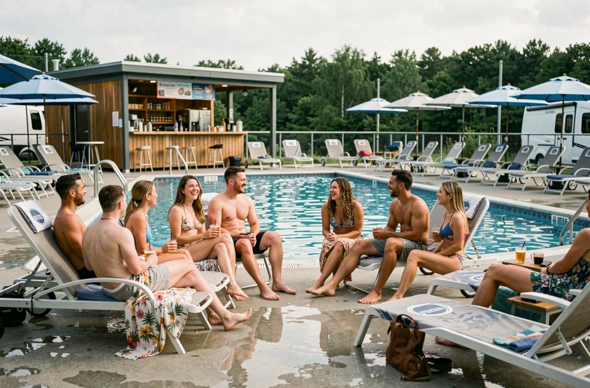 Groupe d'amis profitant de la piscine et des équipements d'un grand camping de chaîne