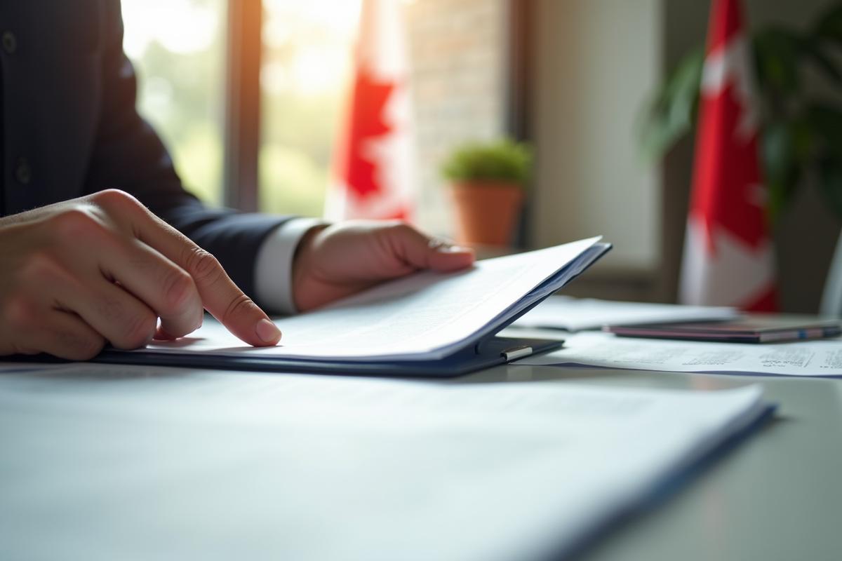 Mains organisant des documents officiels avec drapeau canadien