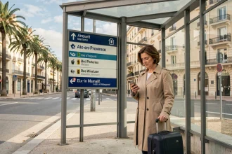 Femme avec valise à un arrêt de bus à Marseille indiquant la navette vers l'aéroport Marseille Provence via Aix-en-Provence