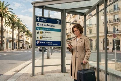 Femme avec valise à un arrêt de bus à Marseille indiquant la navette vers l'aéroport Marseille Provence via Aix-en-Provence