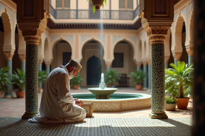 Artisan marocain examinant des carreaux de mosa&iuml;que dans un riad