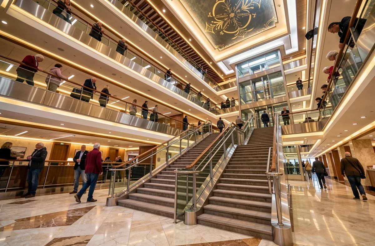 Atrium intérieur luxueux d'un paquebot de croisière MSC avec escalier central et passagers sur plusieurs niveaux