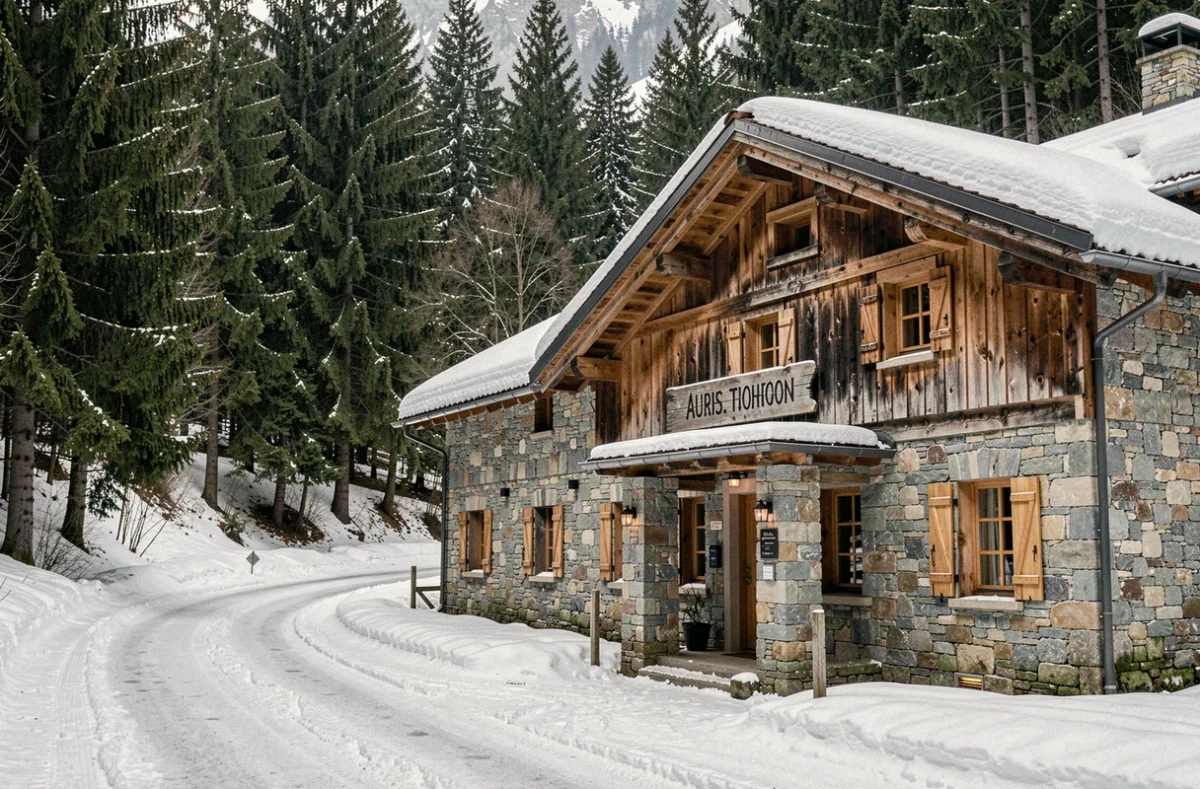 Auberge De La Forêt à Auris en Oisans, chalet en pierre et bois enneigé niché en lisière d'une forêt de conifères avec un panneau en bois à l'entrée