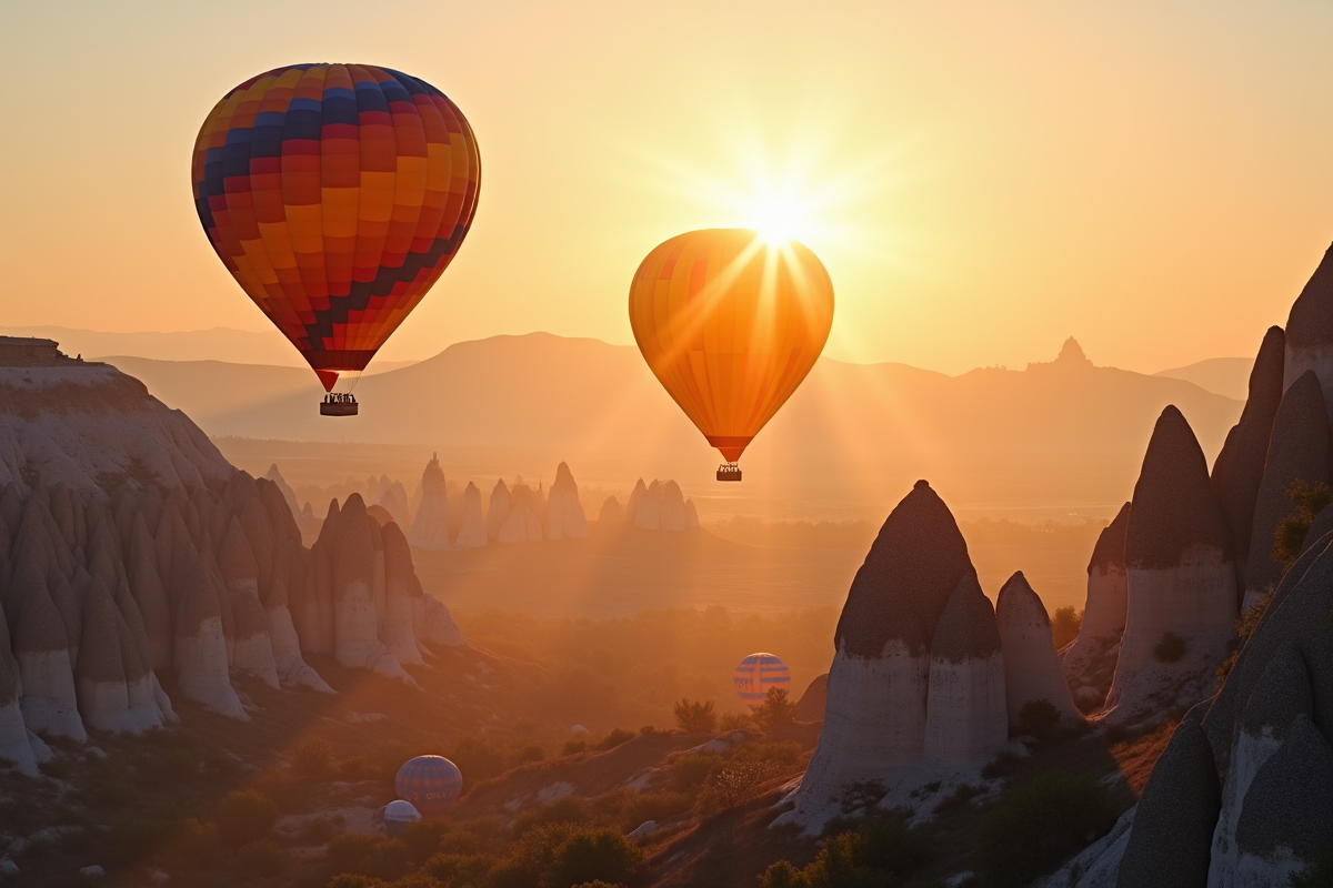 Montgolfières colorées au lever du soleil sur la Cappadoce