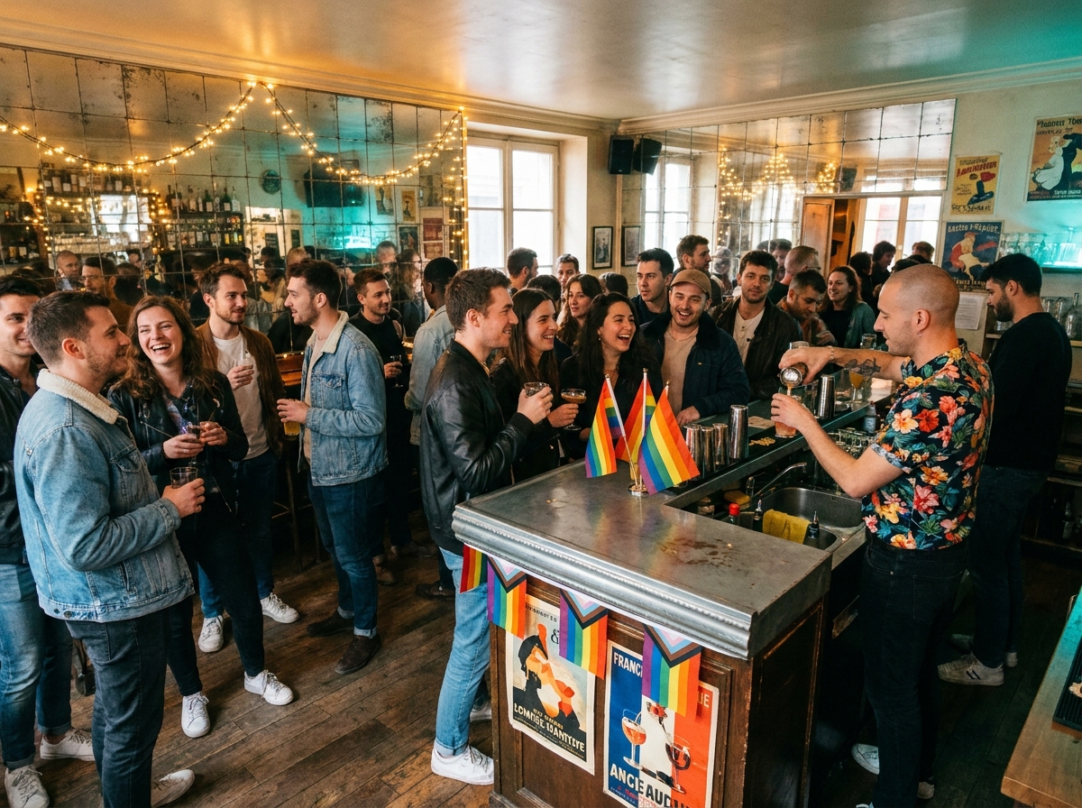 Intérieur animé d'un bar LGBTQ+ du Marais à Paris avec des clients souriants autour d'un comptoir en zinc décoré de drapeaux arc-en-ciel