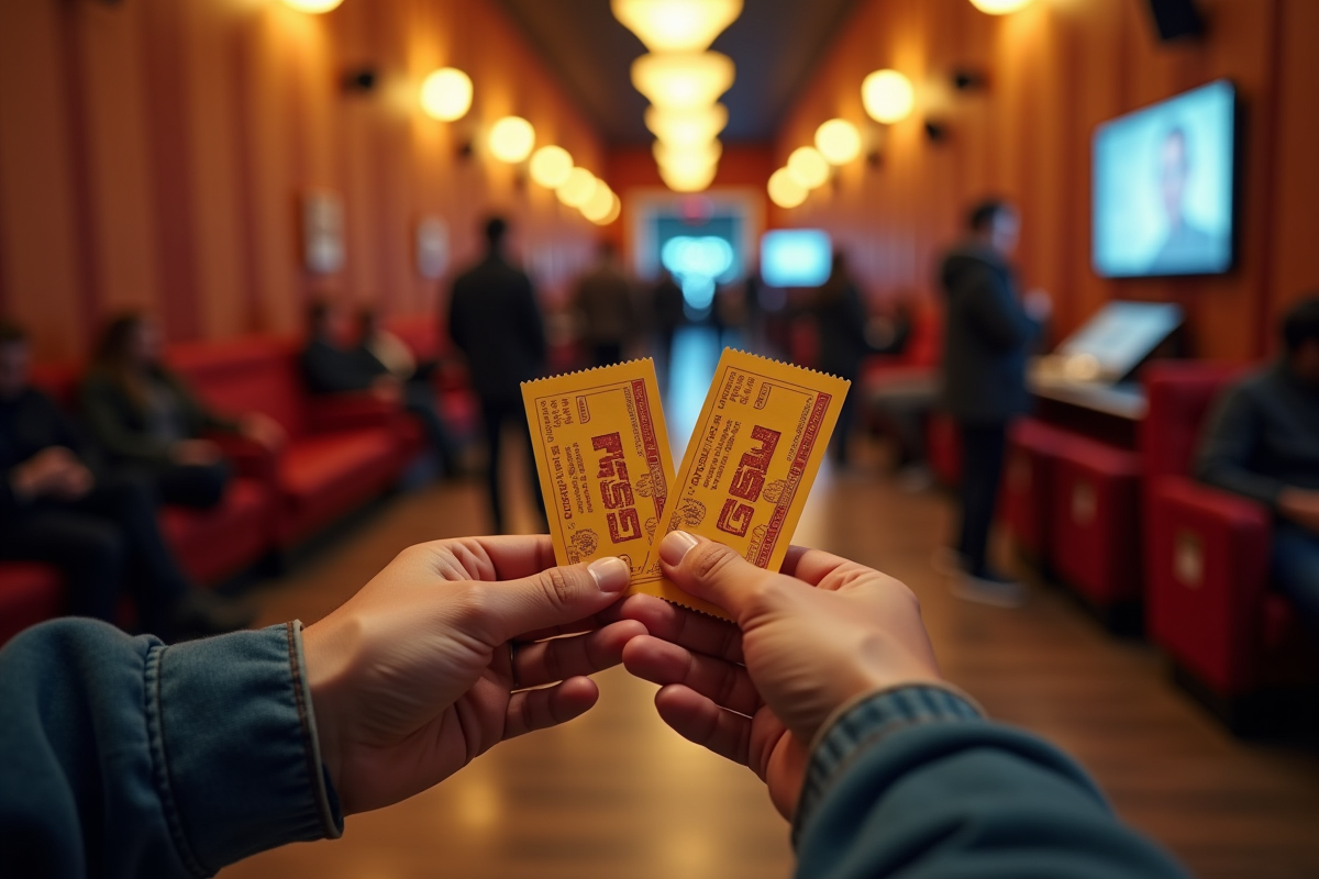 Gros plan sur des billets de cinéma dans une salle chaleureuse