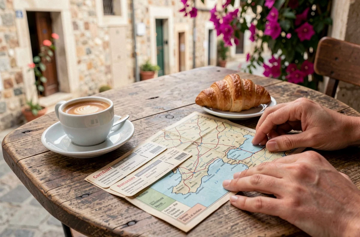 Billets de train Île-Rousse Calvi et carte de Corse sur une table de café pour planifier un week-end romantique en Corse