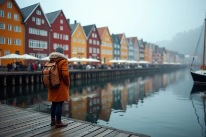 Les façades colorées du quartier historique de Bryggen à Bergen reflétées dans les eaux du port en automne