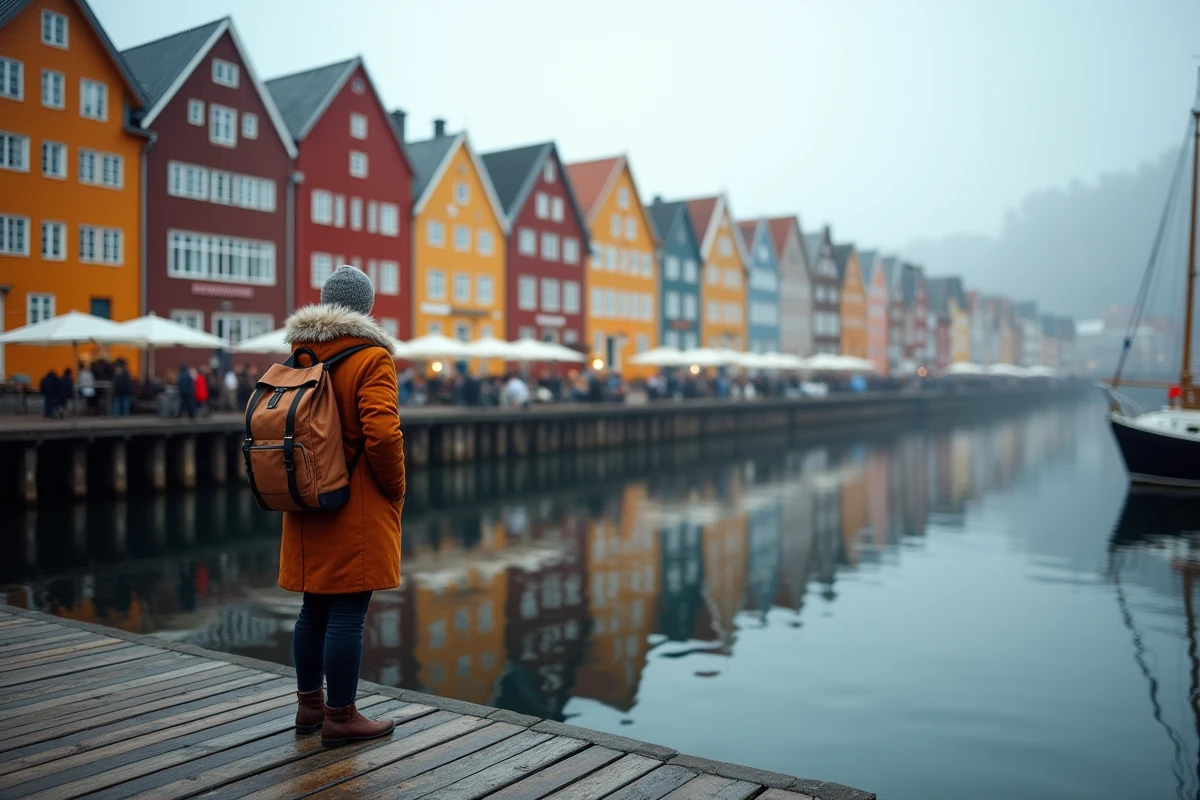 Les façades colorées du quartier historique de Bryggen à Bergen reflétées dans les eaux du port en automne
