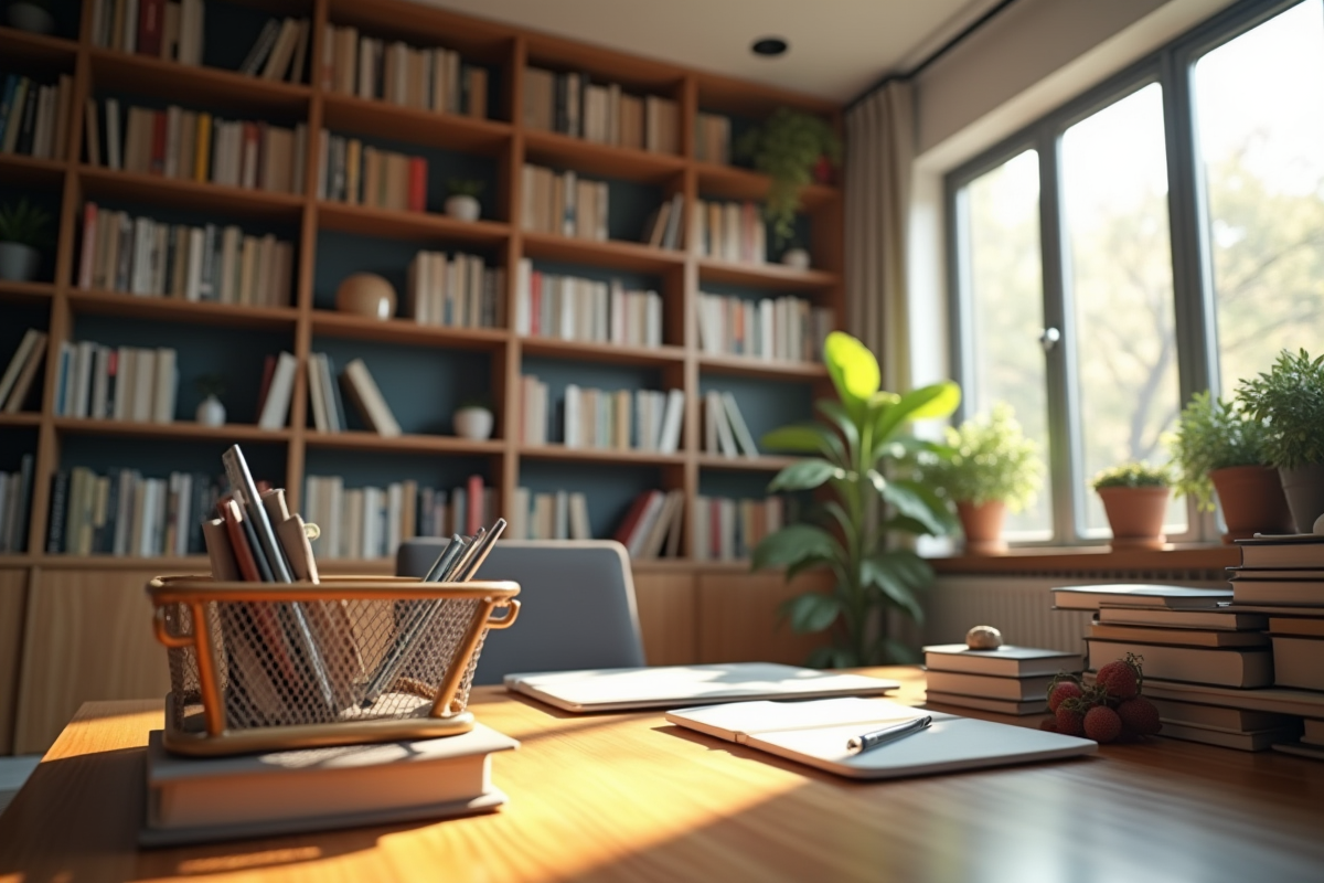 Bureau moderne organisé avec étagère pleine de livres