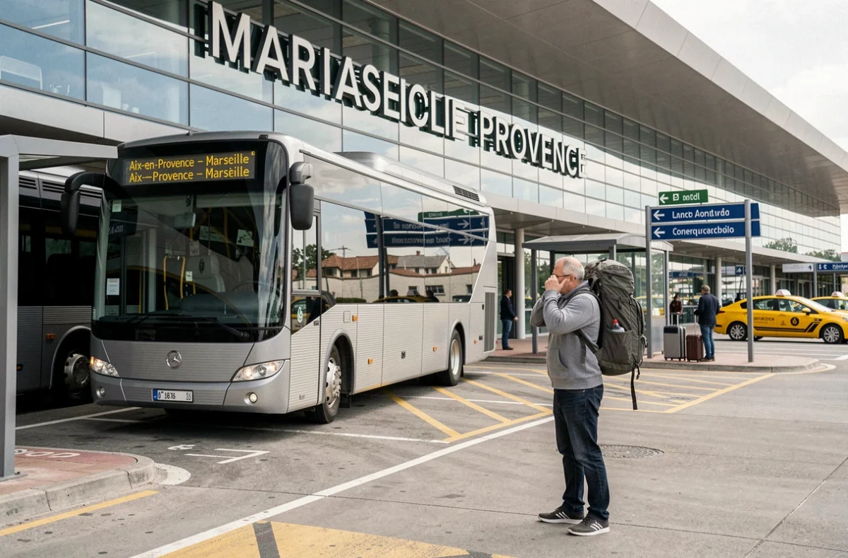 Bus navette Aix-en-Provence garé devant le terminal de l'aéroport Marseille Provence avec voyageur et bagages