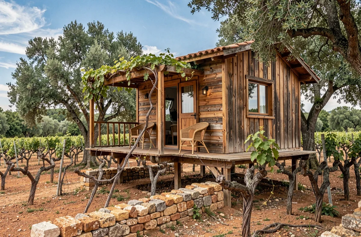 Cabane en bois perchée parmi les vieilles vignes d'un domaine viticole provençal, avec terrasse en bois et pergola couverte de feuillage