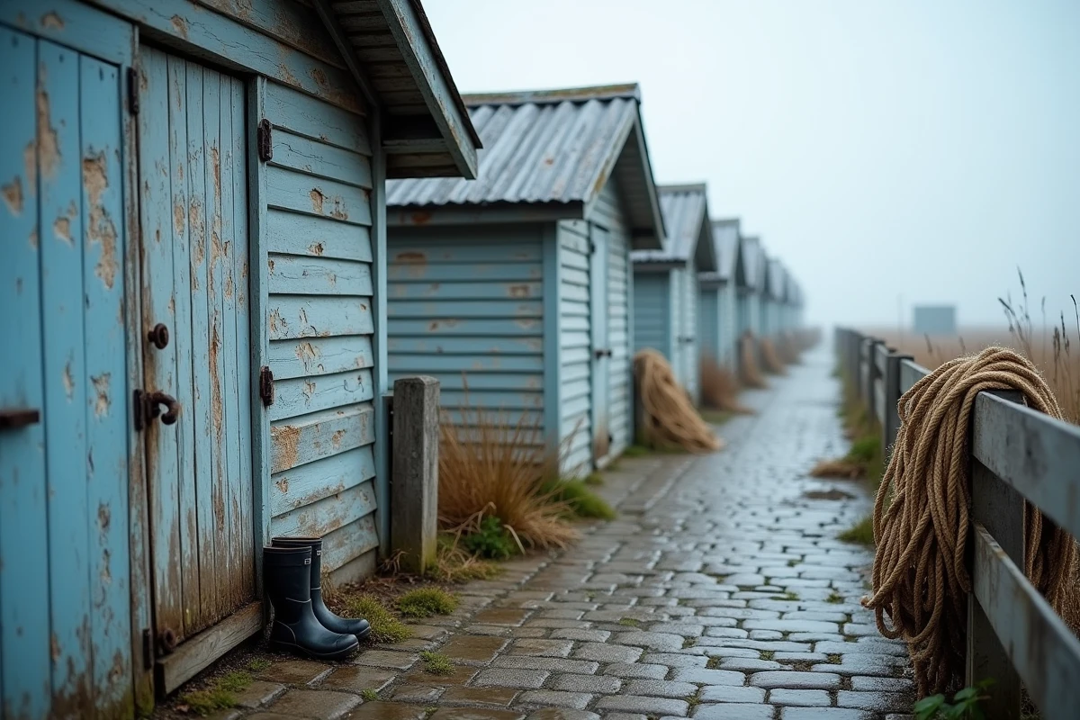 Cabanes de p&ecirc;cheurs aux peintures &eacute;caill&eacute;es sur la plage de Pennedepie, atmosph&egrave;re authentique de Normandie hors saison