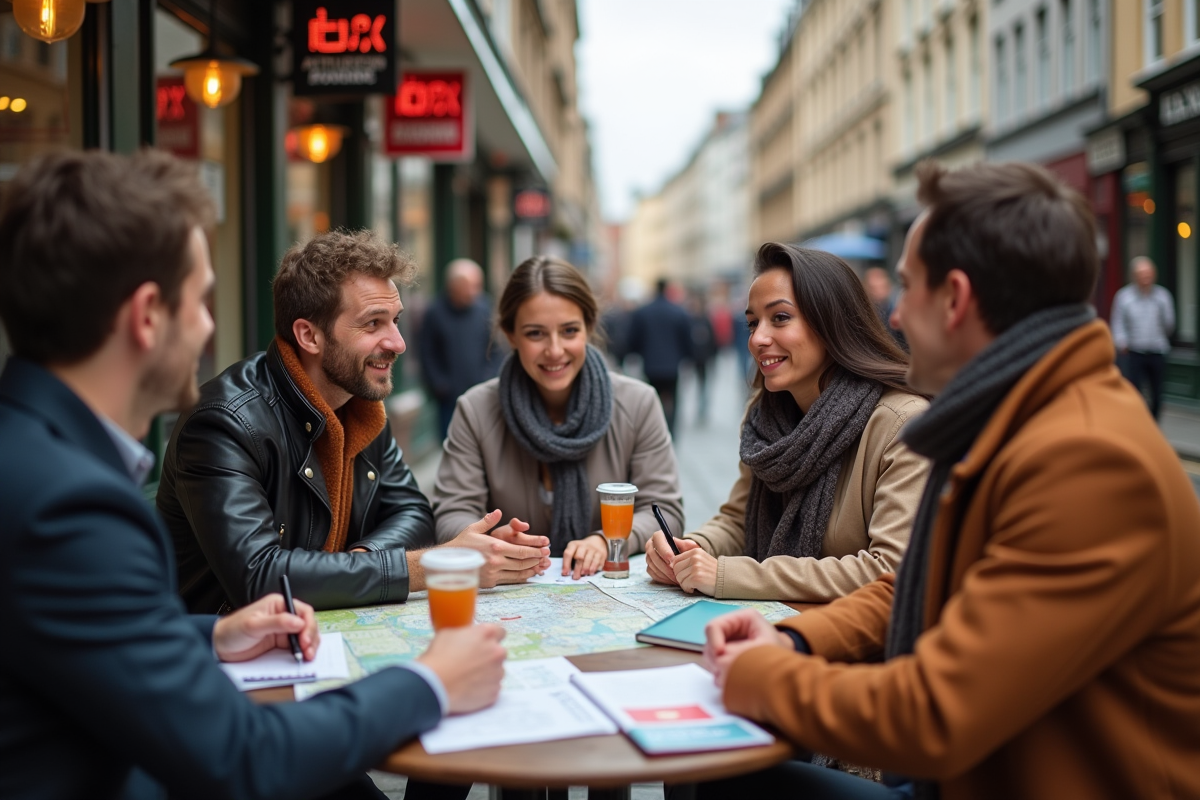 Groupe diversifié au café en ville avec drapeau gallois