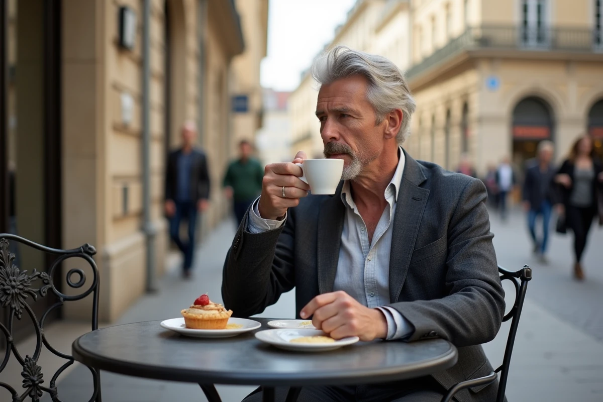 Homme d&eacute;tendu buvant un espresso dans un caf&eacute; lyonnais