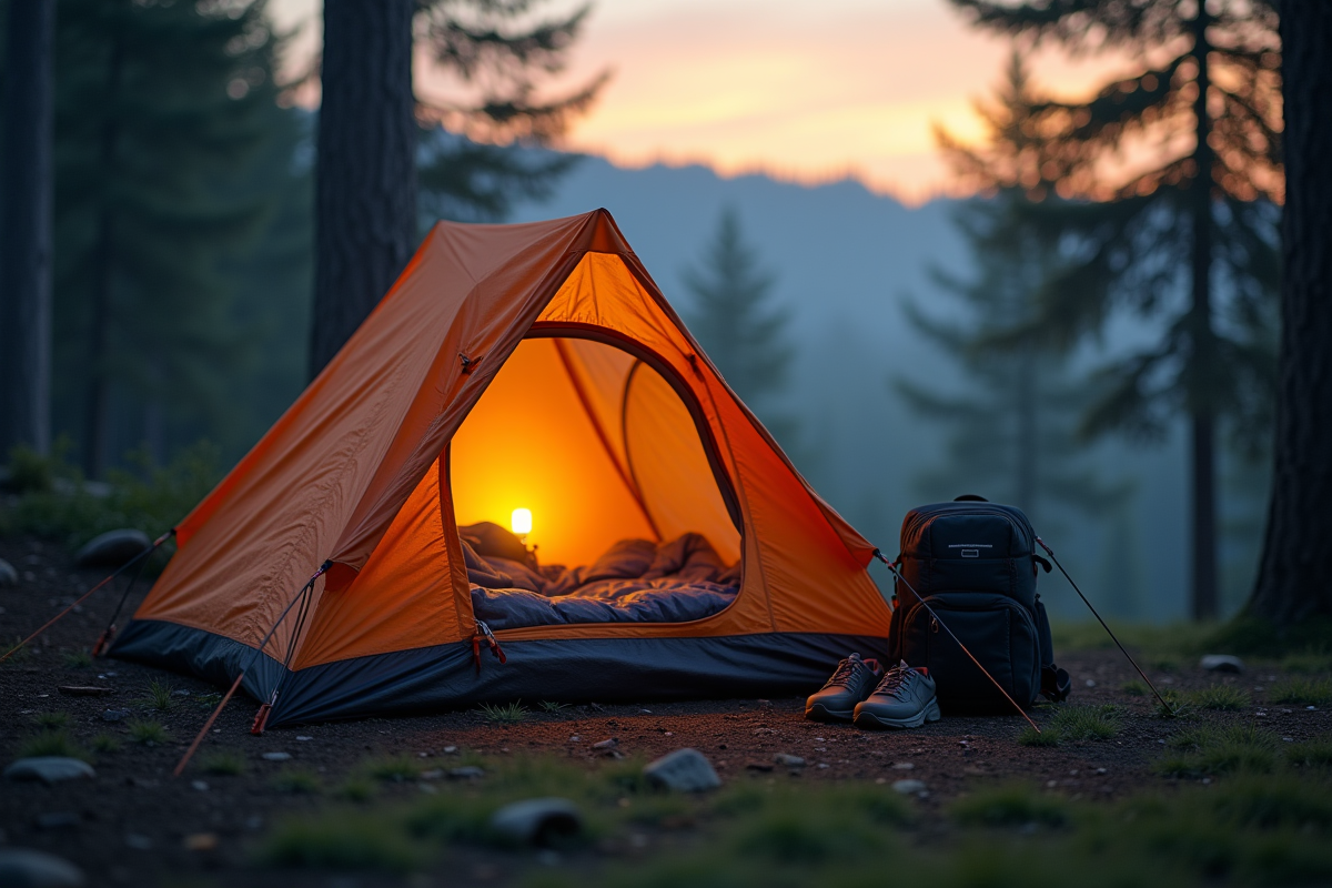 Camping aurore paisible avec tente et nature