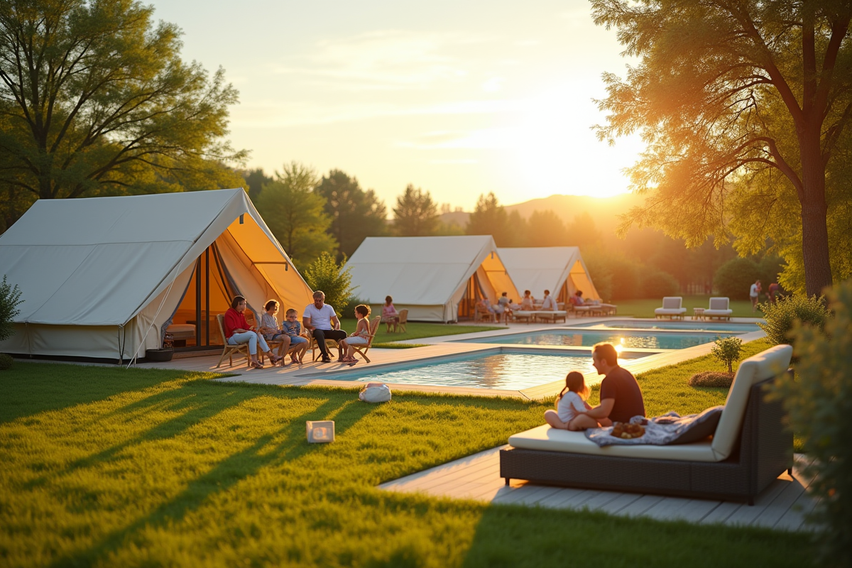 Camping familial moderne au lever du soleil avec tentes de luxe