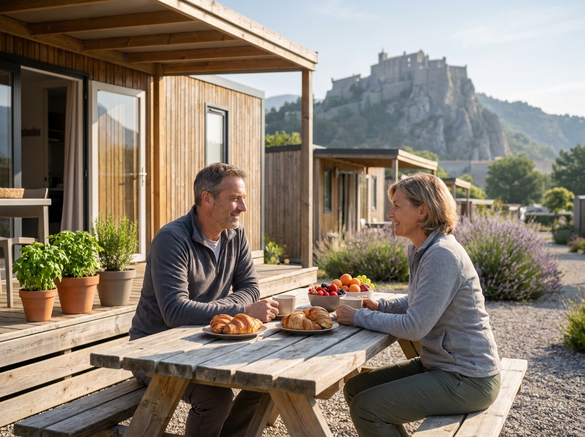 Couple prenant le petit-déjeuner devant un bungalow de camping à Sisteron entouré de lavande
