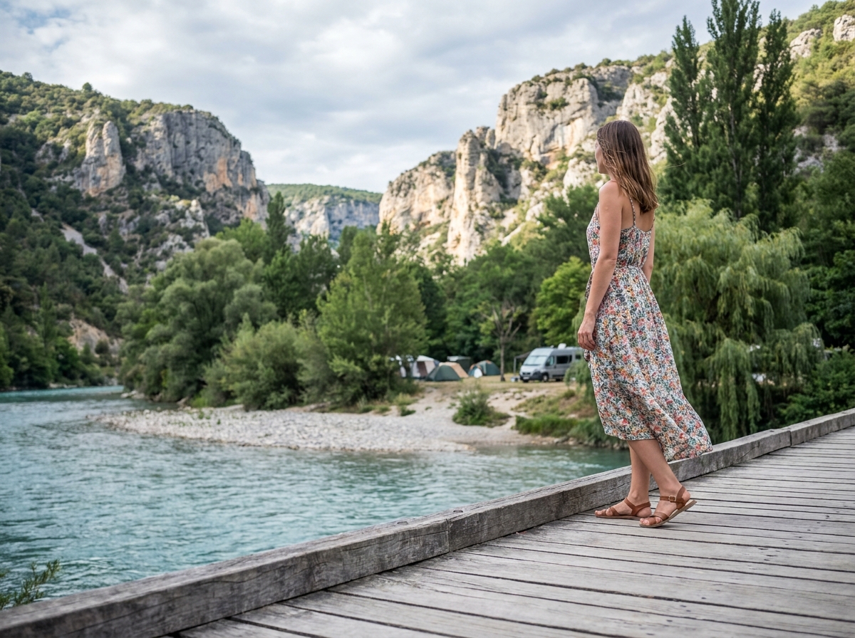 Jeune femme sur un pont en bois au-dessus de la Durance près d'un camping à Sisteron