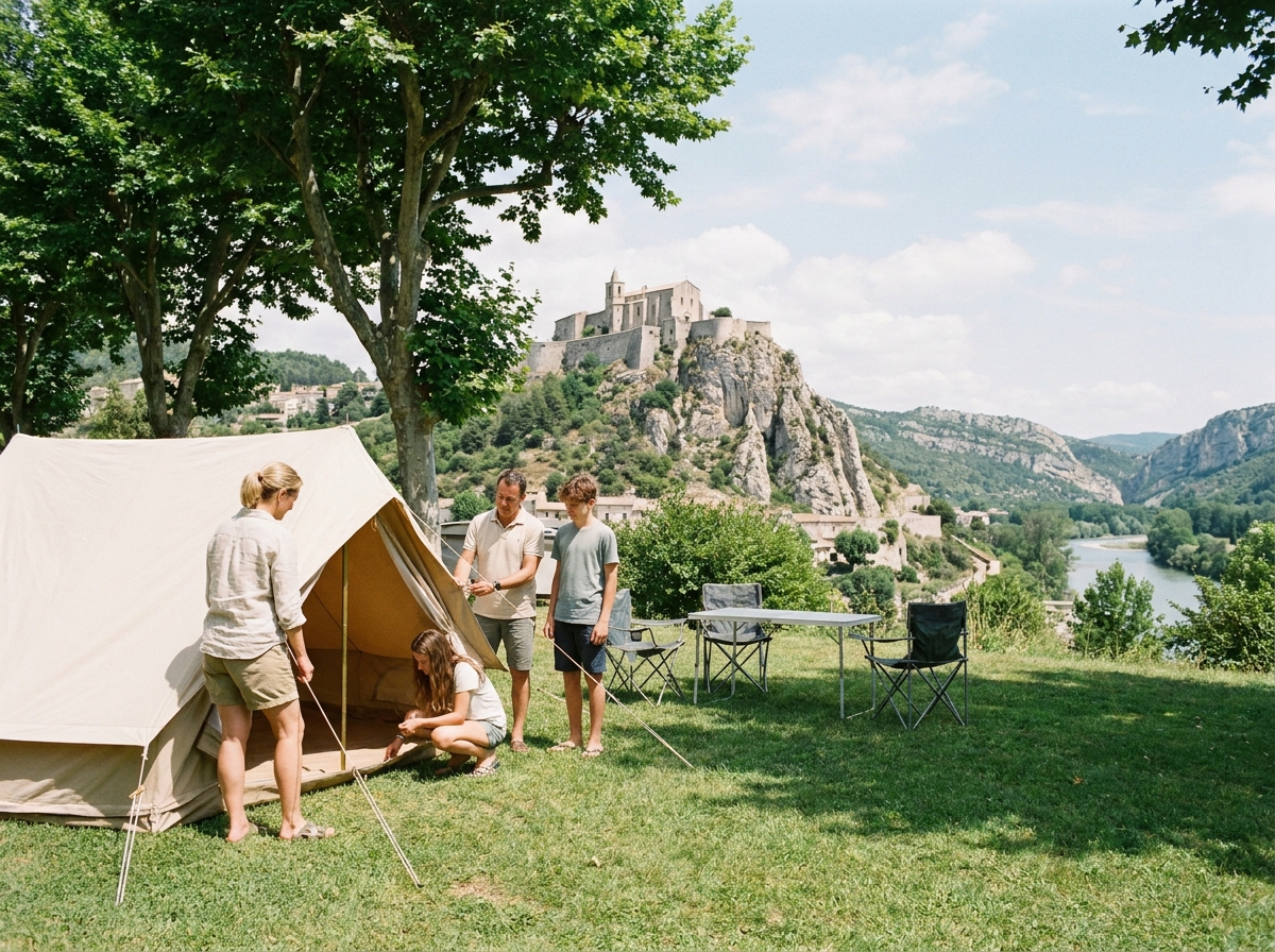 Famille installant une tente dans un camping à Sisteron avec la citadelle médiévale en arrière-plan