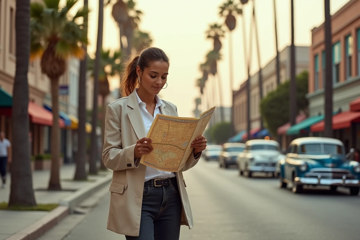 Femme consultant une carte papier de Los Angeles dans une rue animée avec des palmiers et des façades art déco