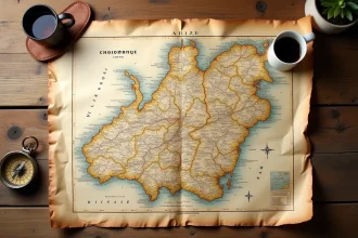 Carte vintage de la Normandie étalée sur une table en chêne avec les cinq départements normands et une boussole en cuir