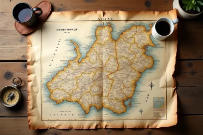 Carte vintage de la Normandie étalée sur une table en chêne avec les cinq départements normands et une boussole en cuir