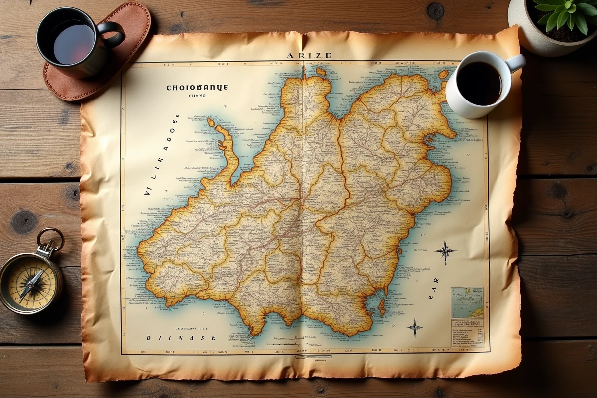 Carte vintage de la Normandie étalée sur une table en chêne avec les cinq départements normands et une boussole en cuir