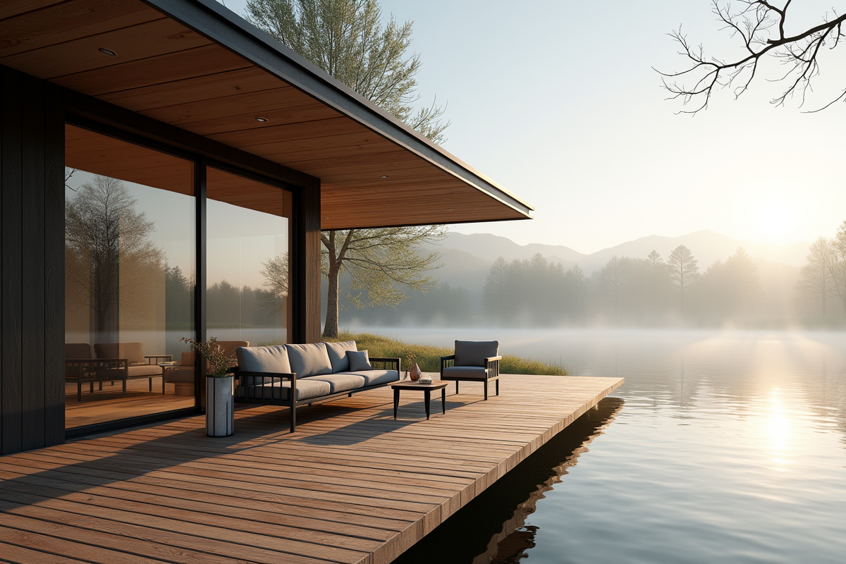Chalet moderne au bord du lac avec grandes fenêtres et terrasse en bois
