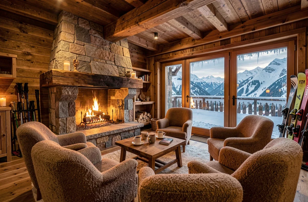 Intérieur chaleureux du Chalet Mounier aux 2 Alpes, avec cheminée en pierre, poutres apparentes et fauteuils en laine autour d'une table basse