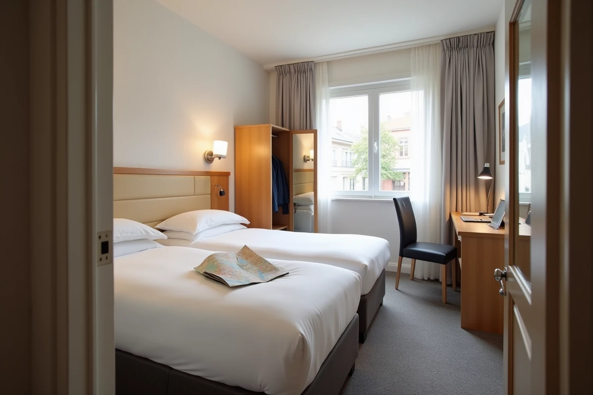 Chambre double propre et abordable à l'Etap Hôtel Strasbourg Gare avec lit blanc et bureau compact