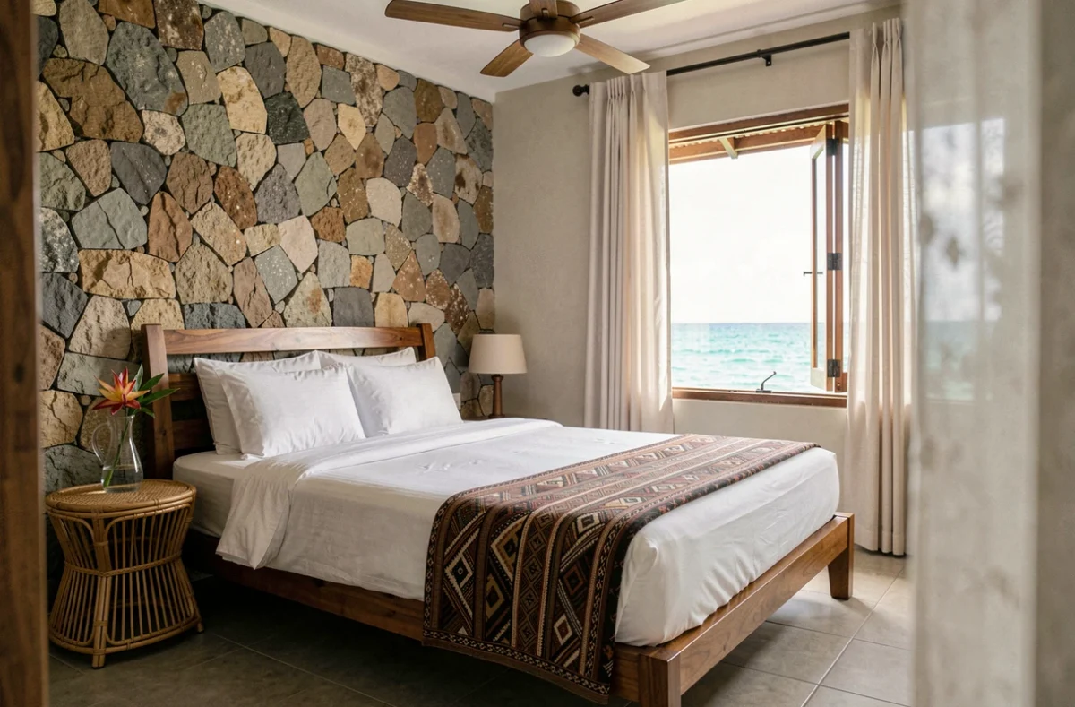 Chambre confortable d'un petit hôtel boutique de Padangbai avec vue sur la mer turquoise et décor balinais authentique