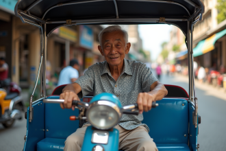 Conducteur de tuk tuk thaïlandais souriant dans la rue animée