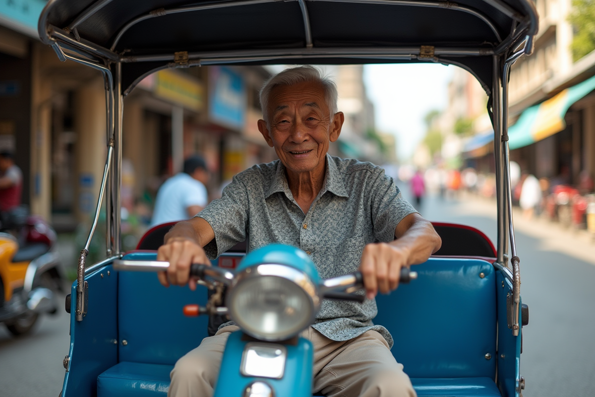 Conducteur de tuk tuk thaïlandais souriant dans la rue animée