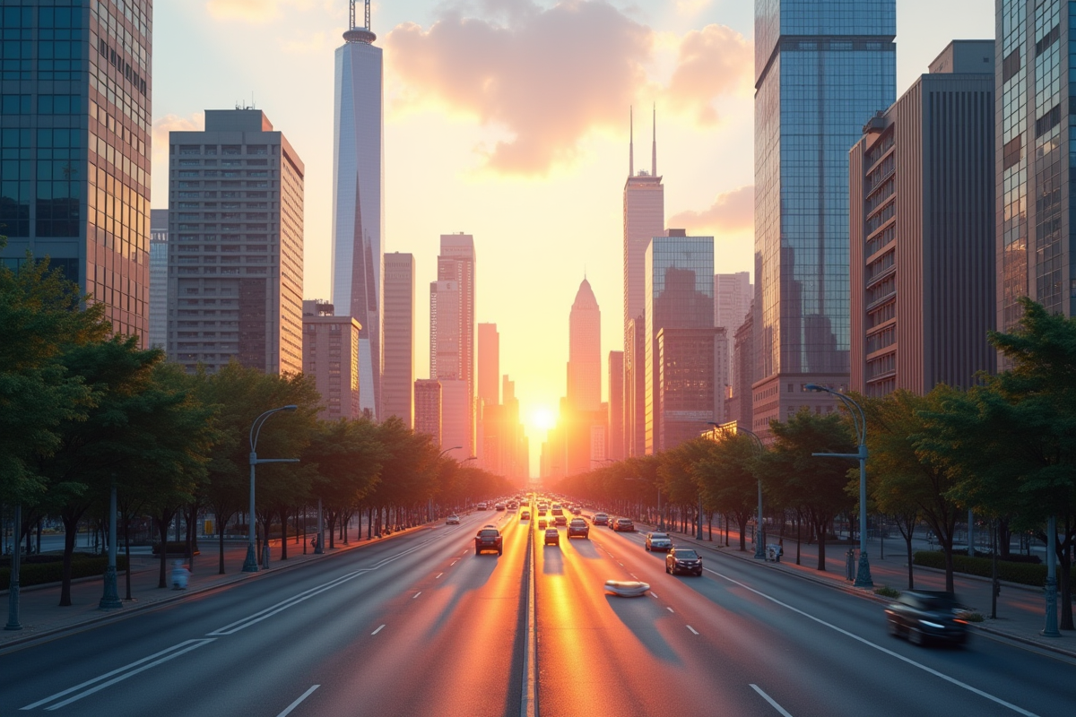 Paysage urbain moderne au lever du soleil avec gratte-ciel et piétons