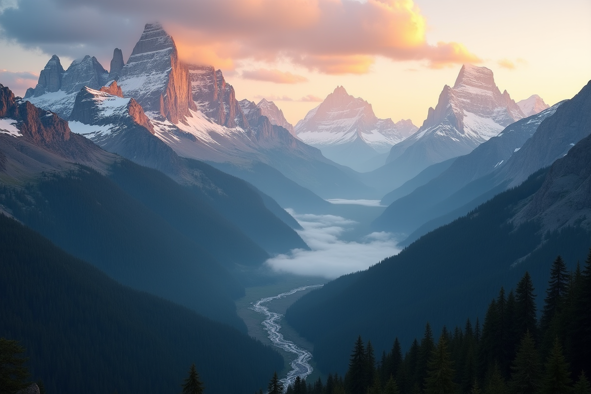 Cimes alpines enneigees au lever du soleil dans les Alpes