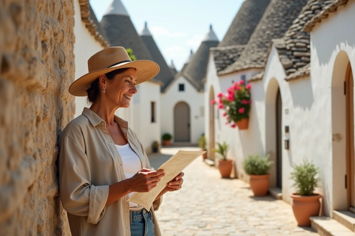 Femme en chapeau de paille consultant une carte dans une ruelle de trulli à Alberobello dans les Pouilles
