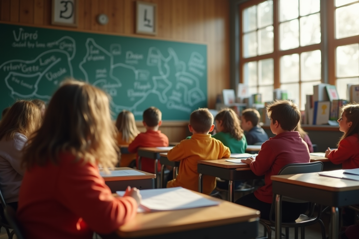 Enfants en classe en Patagonie avec cartes et phrases galloises