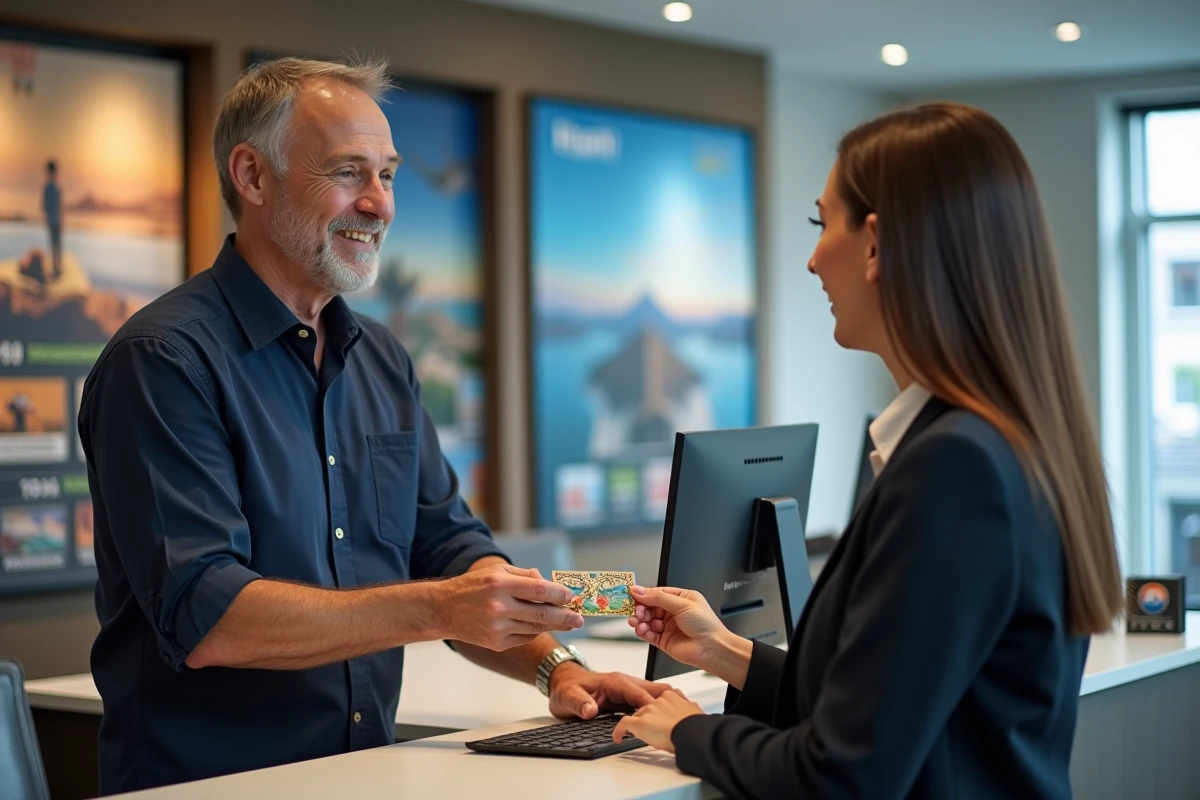 Client remettant une carte cadeau Selectour à une conseillère en agence de voyage professionnelle