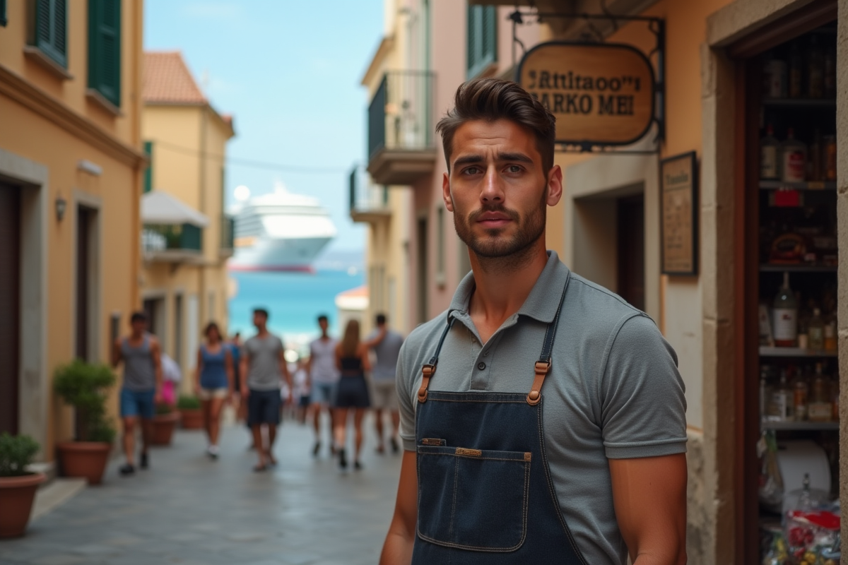 Jeune commerçant observant la foule devant une boutique artisanale