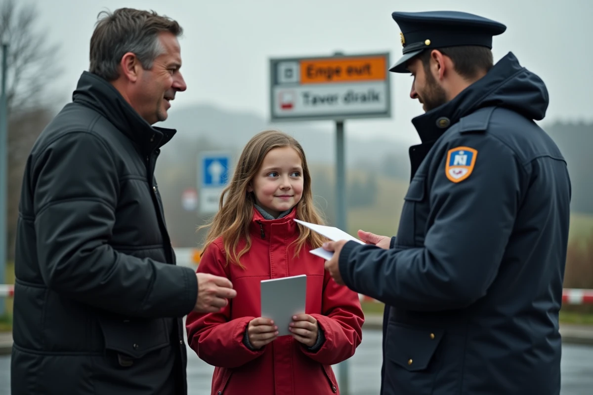 Enfant en imperméable rouge présente ses papiers à un agent de frontière belge