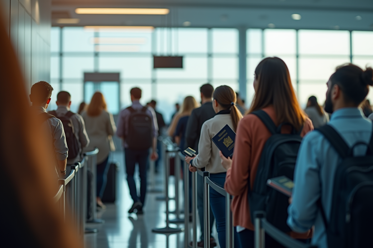 Passagers en ligne à l'aéroport avec un agent de douane