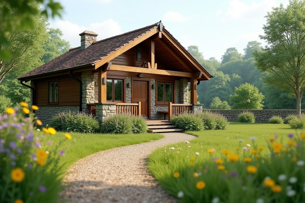 Chalet de campagne britannique en pierre et bois entouré de verdure