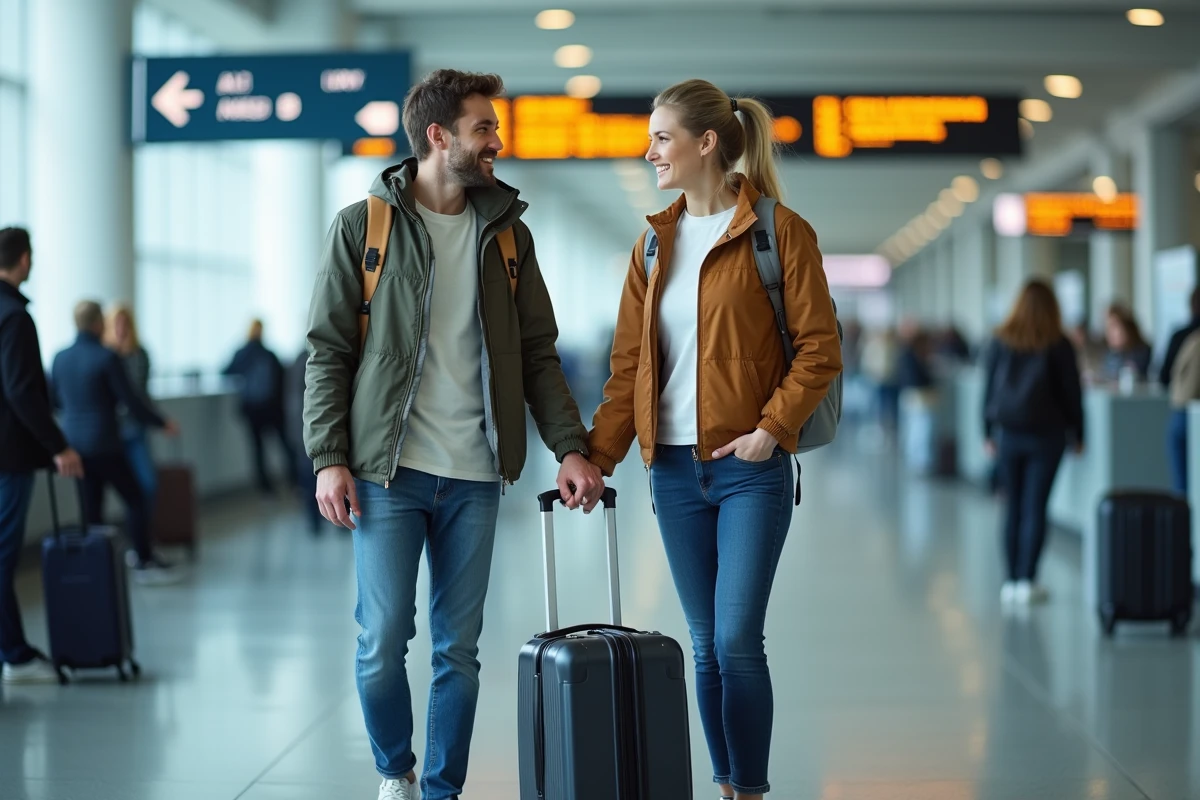 Couple à l'aéroport partageant une seule valise cabine de 15kg au comptoir d'enregistrement pour un voyage en couple