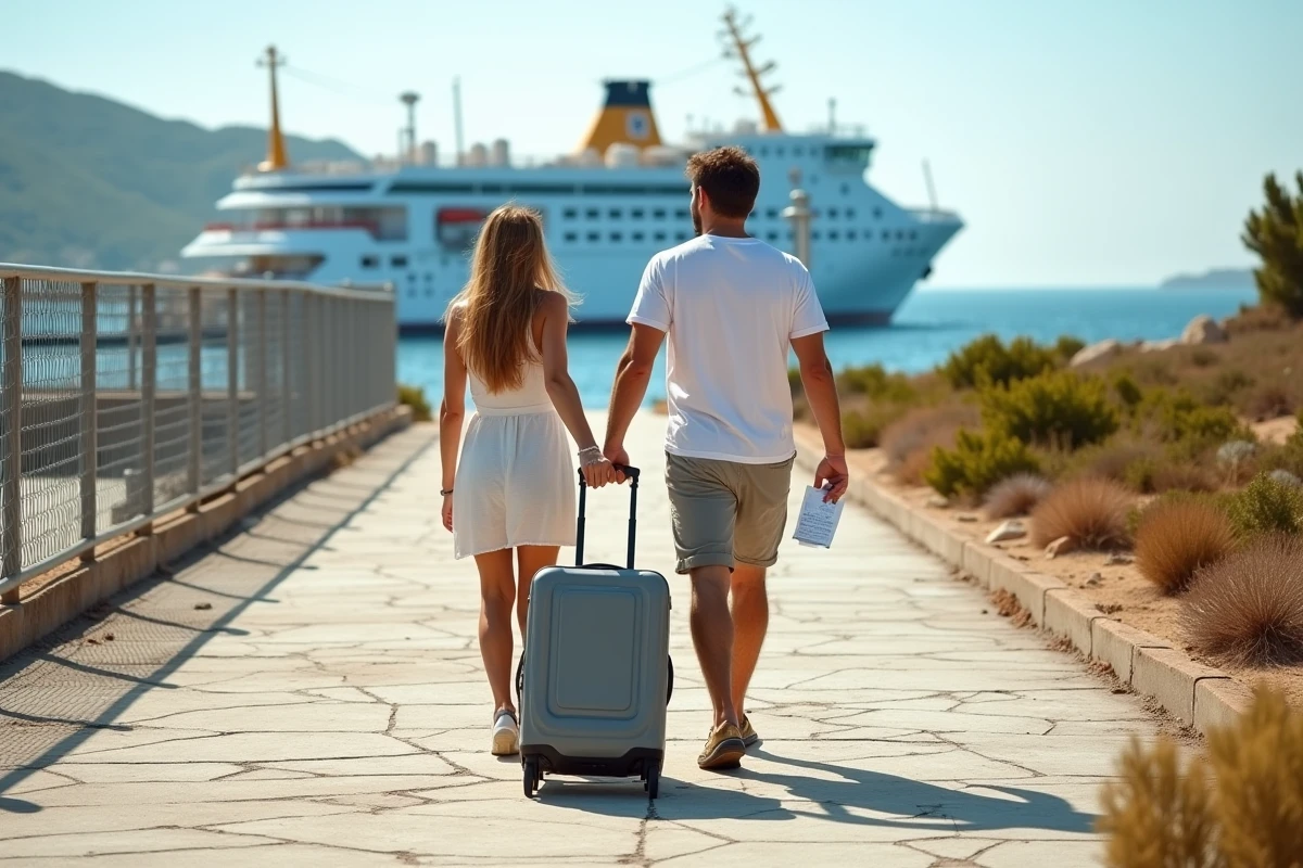 Couple avec bagages se dirigeant vers l'embarcadère pour Porquerolles après avoir stationné au parking du port