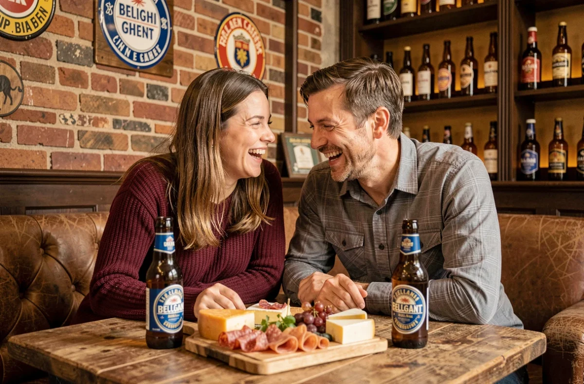 Couple amoureux partageant une bière artisanale belge dans un café brun traditionnel de Gand